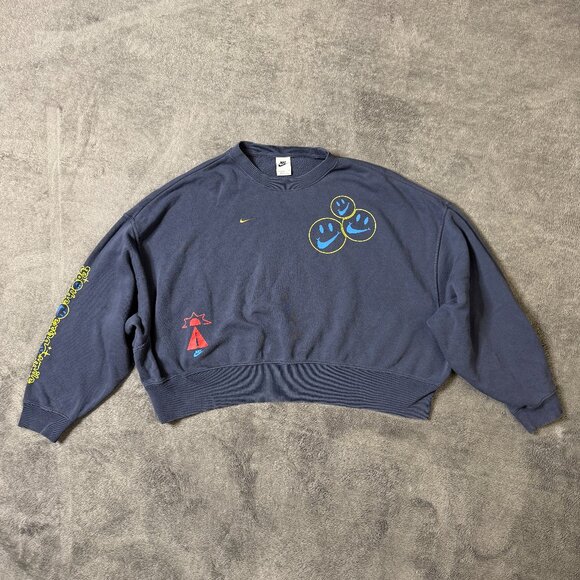 Nike Go the Extra Smile Cropped Crewneck Sweatshirt Navy Smiley Swoosh Graphic S - Picture 1 of 10